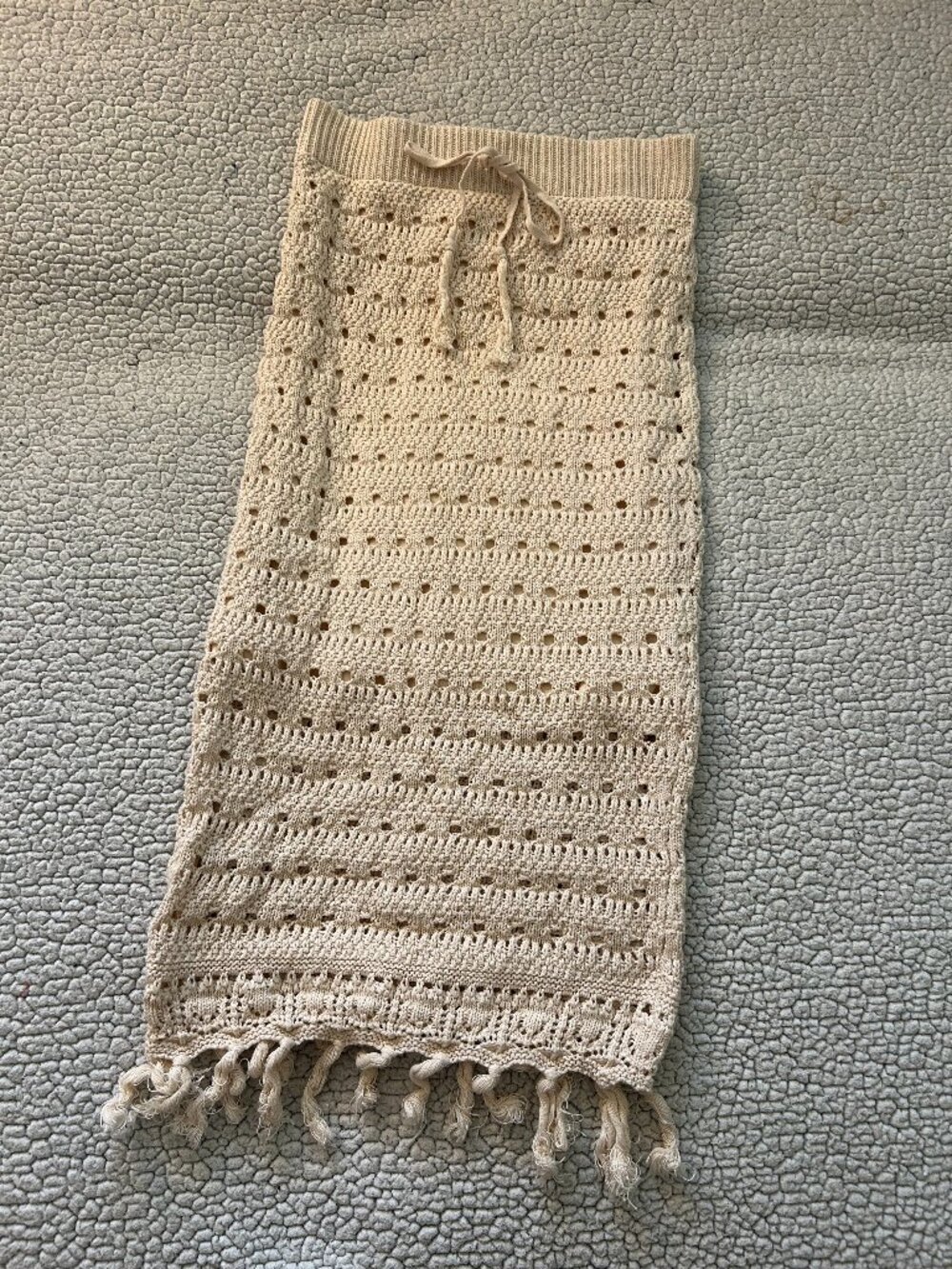 SO -- cream crochet maxi pencil skirt, with tassels, lining underneath